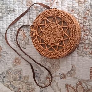 Round Woven Rattan Crossbody Bag - Brown